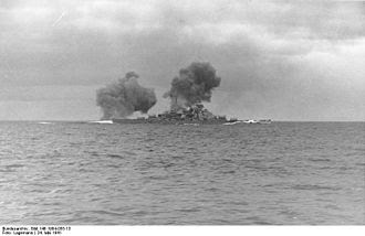 WW2 Battle of Atlantic - Hunt for the Bismarck- Bismarck firing at HMS Prince of Wales on 24 May 1941 as seen from Prinz Eugen.