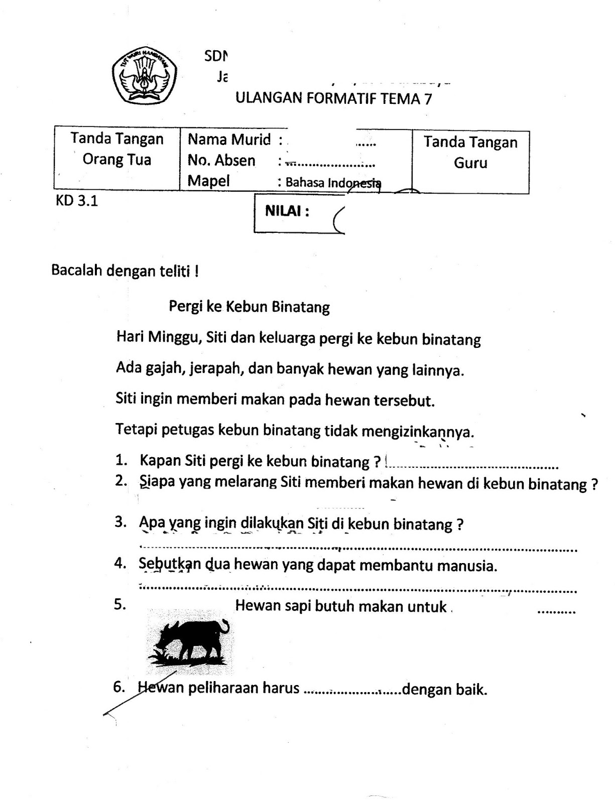 Formatif Tema 7 Bahasa Indonesia SD Kelas 1 TA 2015 2016 Kurikulum2013