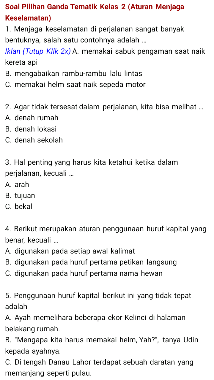 Kunci Jawaban Soal Denah Kelas 2 Sd