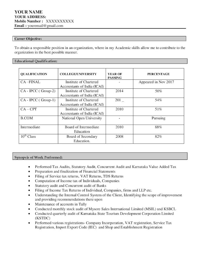 CA Articleship Resume Sample/Example/Template - Download Now! 