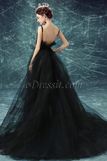 Black Deep V-Cut Long Tulle Party Ball Gown