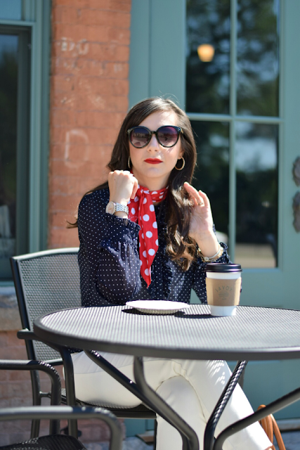 Cat Eye Sunglassses and Blue Polka Dot Work Top