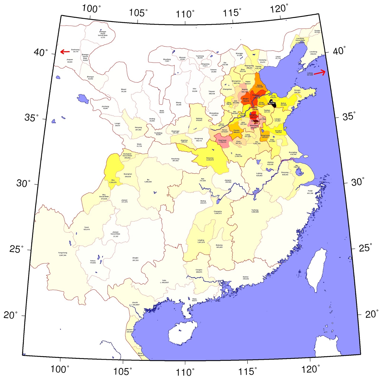 Population map of ancient China, per an empire-wide census made in 2 AD Population map of ancient China, per an empire-wide census made in 2 AD