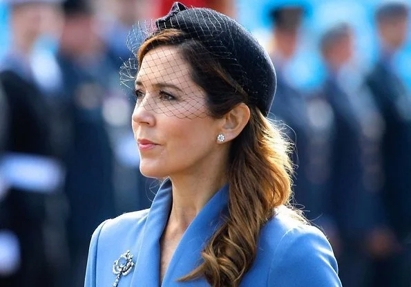 Denmark Flag Day 2020 at Citadel. Crown Princess Mary wore a light blue outfit. black pumps by gianvito rossi, diamond earrings