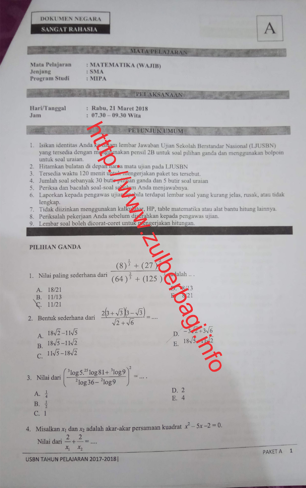 Soal USBN Matematika Wajib 2018 SMA Kelas 12 Paket A (Asli