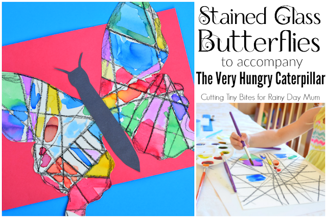 Stained Glass Butterflies. Bright and beautiful insect craft for preschoolers, kindergarteners, and elementary students to go along with the Eric Carle book The Very Hungry Caterpillar.
