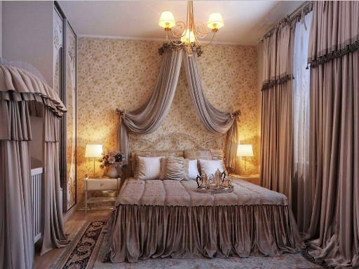 Luxus-Schlafzimmer-romantische-Design-in-kleinem-Raum-mit-wunderschöne-Textilen-akzente-und-florale-Tapeten