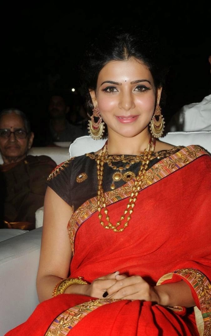 Samantha Photos In Red Saree At Movie Audio Launch