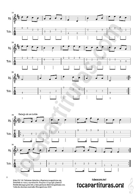 Tablatura y Partitura de Banjo Popurrí Mix 20 Partituras de Antón Pirulero, Voy a Jugar, Debajo de un Botón Infantil Tablature Sheet Music for Banjo Music Score Tabs