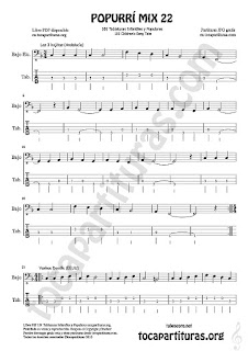 Tablatura y Partitura de Bajo Eléctrico (4 cuerdas) Yankee Doodley, Las 3 hojitas, La Pastora Mix 22 Tablature Sheet Music for Electric Bass Music Score Tabs