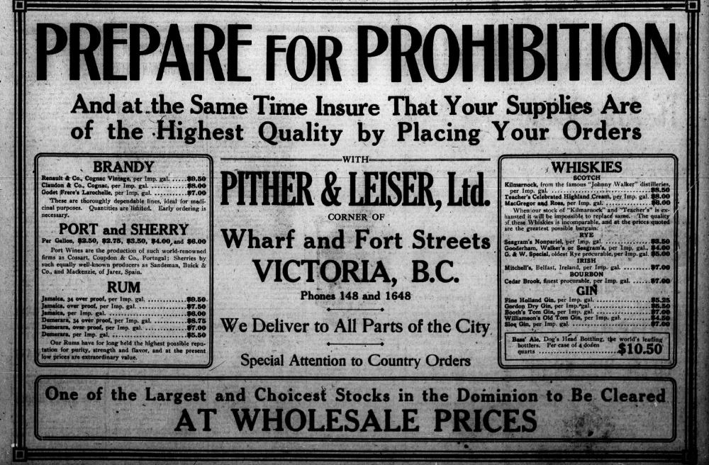 The History of Victoria BC Silver Spring Brewery ad about prohibition
