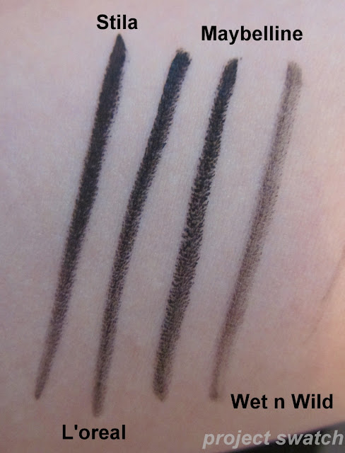 Black gel eyeliner comparison - Stila, L'oreal, Maybelline, Wet n Wild swatches