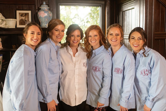 bride and bridesmaids in monogramed long sleeve shirts