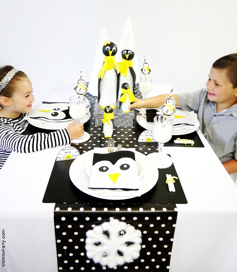 A Penguin Themed Kids Christmas Holiday Tablescape  - BirdsParty.com
