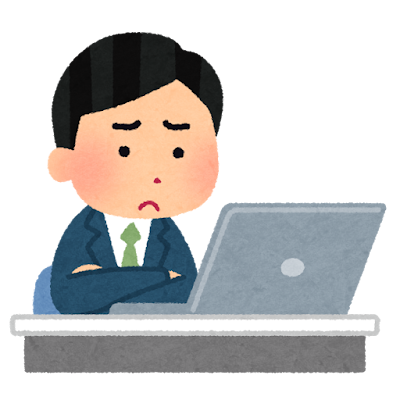 困った顔で働く会社員のイラスト（男性）