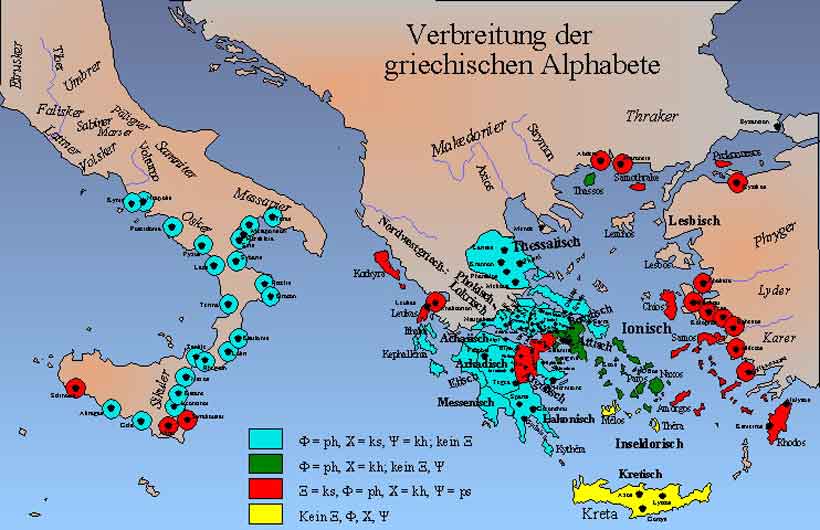 Landkarten - Verbreitung der griechischen Schriftsysteme und Dialekte
