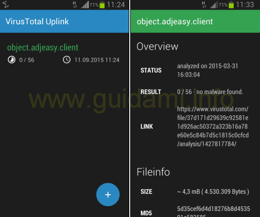 VirusTotal Uplink risultati scansione file o app