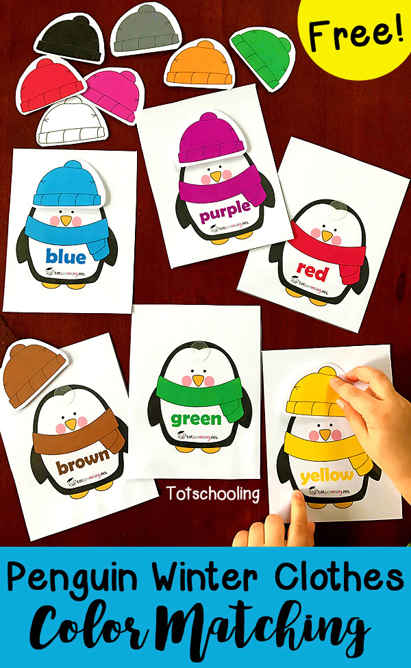 FREE color matching activity with penguins dressed in winter clothes. Great for toddlers and preschoolers learning colors and color words. Mix and match the penguins' hats to create different outfits.