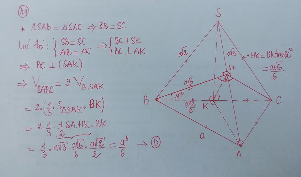 Câu 49: (MH Toan 2020) Cho khối chóp (S.ABC) có đáy (ABC) là tam giác vuông cân tại (A), (AB = a), (widehat {SBA} = widehat {SCA} = 90^circ ), góc giữa hai mặt phẳng ((SAB)) và ((SAC)) bằng (60^circ ). Thể tích của khối chóp đã cho bằng 4