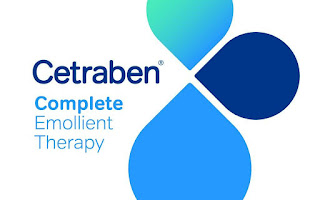 Cetraben in clear big bold light blue font with three ovals coloured with blue at the side of cetraben, with Complete Emolient Therapy in clear smaller thinner blue font on a white background. 