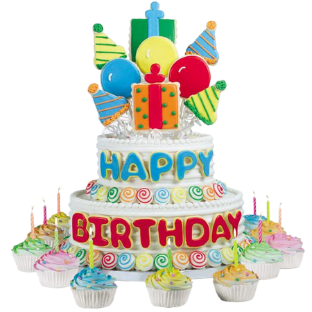 Colorful Happy Birthday cake with cupcakes