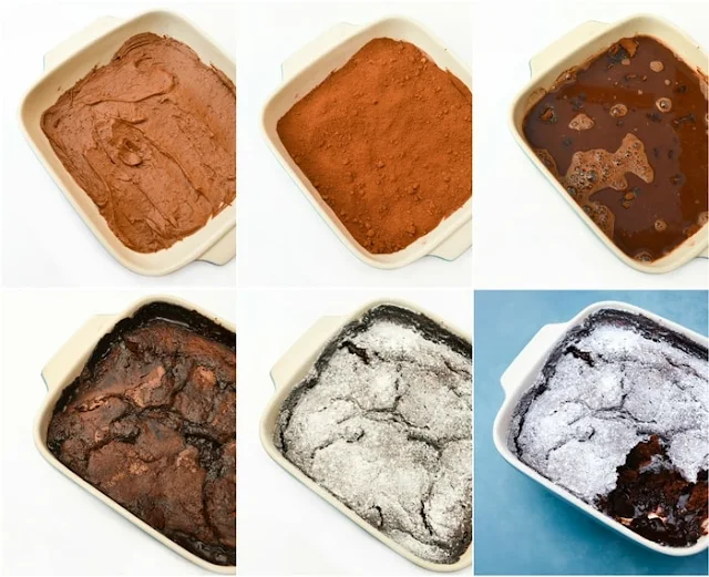 Step-by-step shots of dark chocolate magic pudding, a self-saucing pudding