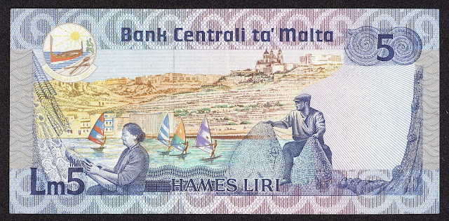 Malta money currency 5 Maltese Lira banknote 1986 Windsurfers in the harbor of Mellieha