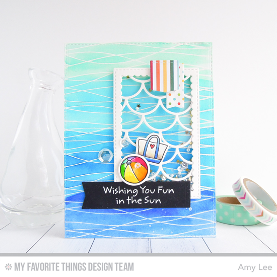 Handmade card from Amy Lee featuring Pure Innocence Fun in the Sun stamp set and Die-namics, Balloon Strings Background stamp, Dainty Scallop Cover-Up, Stitched Rectangle Scallop Frames, Blueprints 25, and Blueprints 27 Die-namics #mftstamps