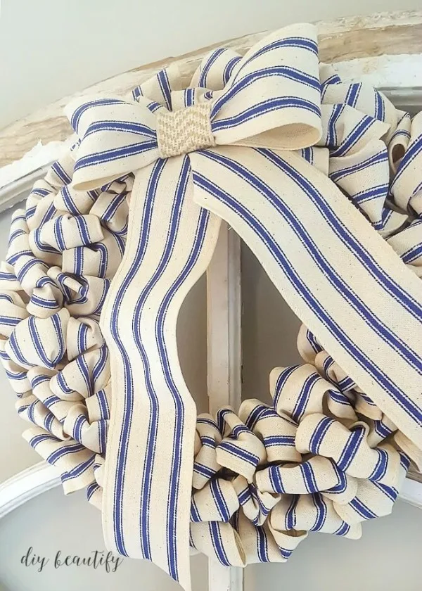 blue ticking stripe farmhouse wreath