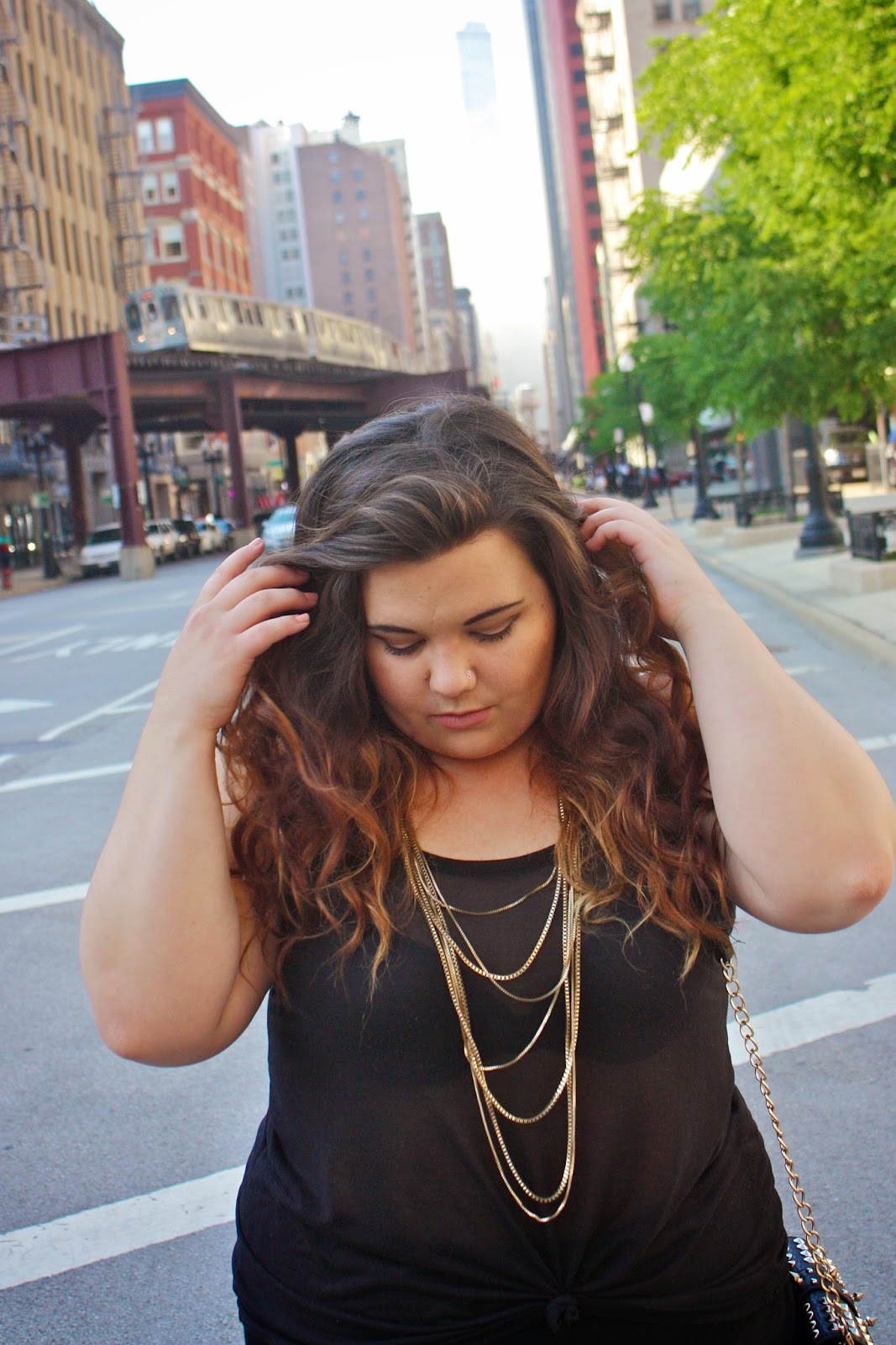 stylzoo, plus size fashion blogger, plus size fashion, Forever21, gold chain, see through, maxi skirt, stripes, summer fashion, natalie craig, natalie in the city, chicago, black ensemble, all black everything, plus size retailer, ootd, outfit of the day, spikes, clutch, H&M, curly hair, ombre hair