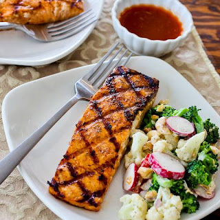 Grilled Salmon with a glaze of sugar-free maple syrup, Sriracha, and lime juice.  So easy and delicious!