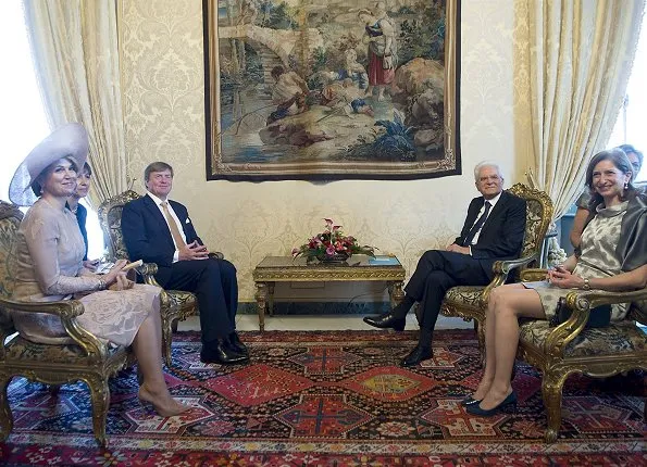 Italy's President Mr. S. Mattarella and Mrs Laura Mattarella (Daughter of the President). Queen Maxima wore a Natan branded dress again which is her favorite brand