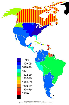 Mapa que muestra las fechas aproximadas de independencia de los países de América. Las áreas negras no son independientes
