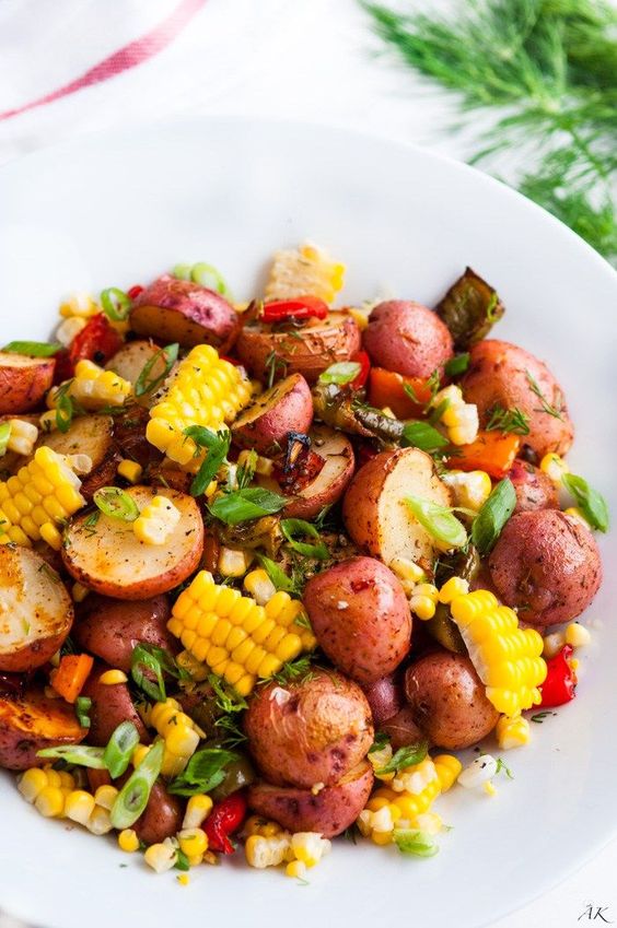 Southwest Roasted Potato Salad recipe - One pan roasted red potato salad with bell pepper, corn, fresh dill and spices drizzled with olive oil.