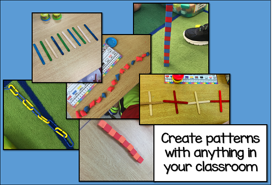 Use hands-on math centers to teach Patterning. Your students will love patterning with math materials and you will love not having worksheets to mark.