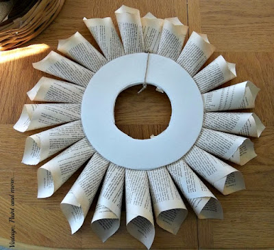 Vintage, Paint and more... front view of base of book page wreath after first row of cones have been attached