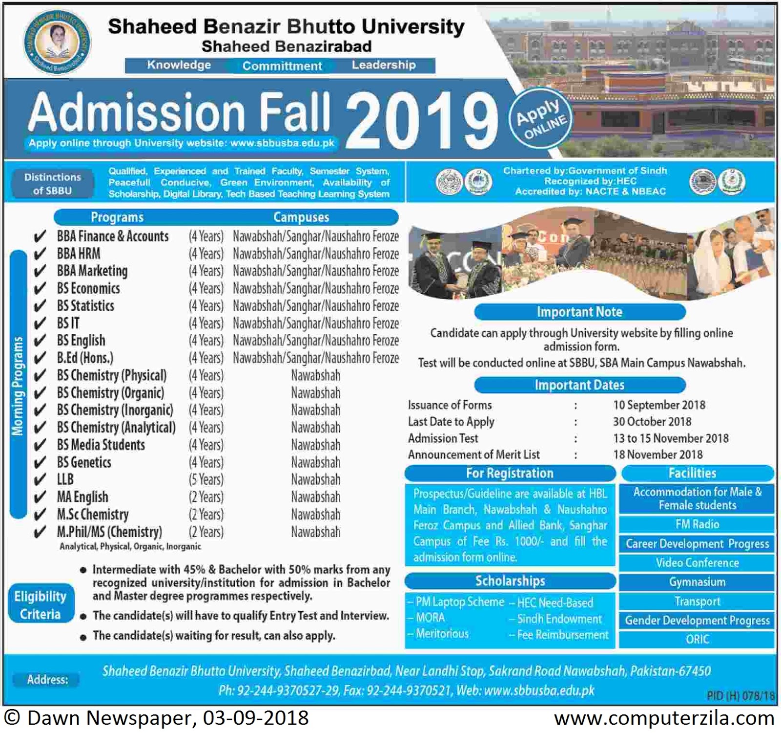 Admissions Open For Fall 2019 At SBBUSBA Nawabshah Campus
