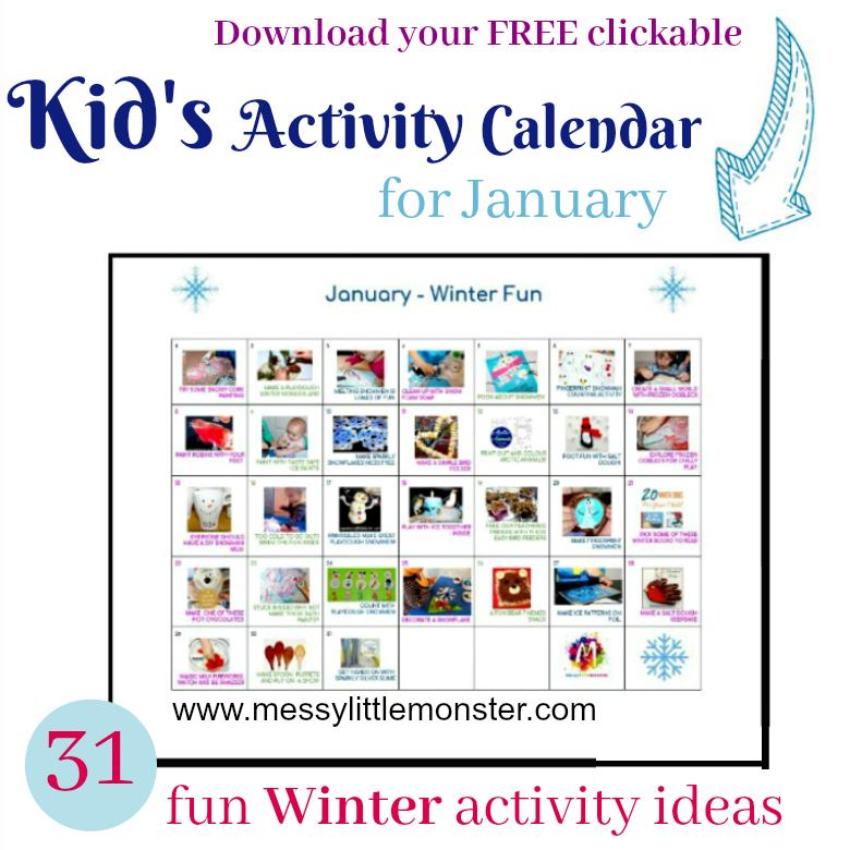 Winter Activity Calendar January Messy Little Monster