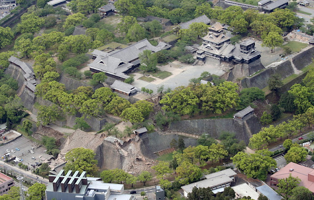 Damaged Kumamoto Castle caused by earthquakes is seen in Kumamoto, southern Japan, in this photo taken by Kyodo April 16, 2016. Mandatory credit REUTERS/Kyodo