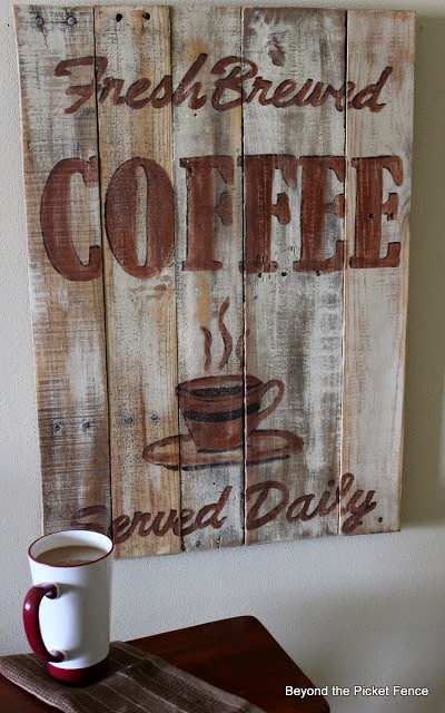 coffee sign, reclaimed wood, paint, hand-lettered, Beyond The Picket Fence, http://bec4-beyondthepicketfence.blogspot.com/2015/02/coffee-culture.html