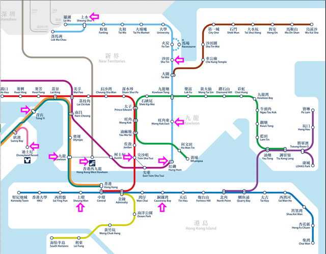香港MTR路線図とコインロッカー・荷物預かり場所