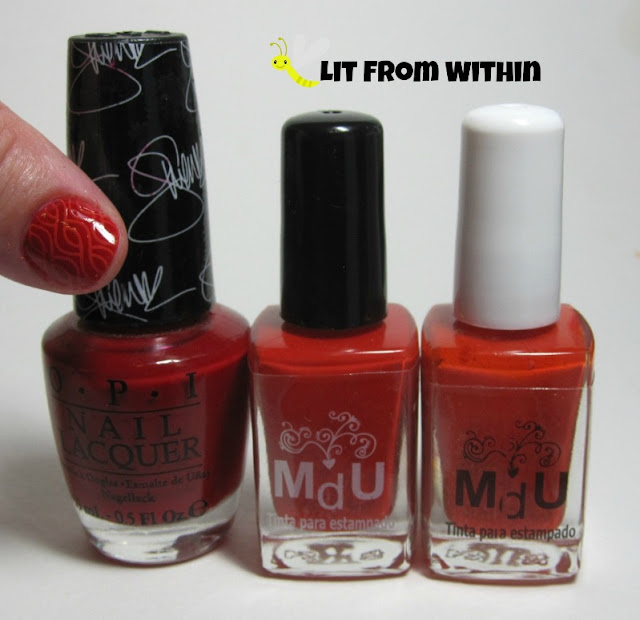 Bottle shot:  OPI Over and Over A-Gwen, MdU Reddish, and Tulip.