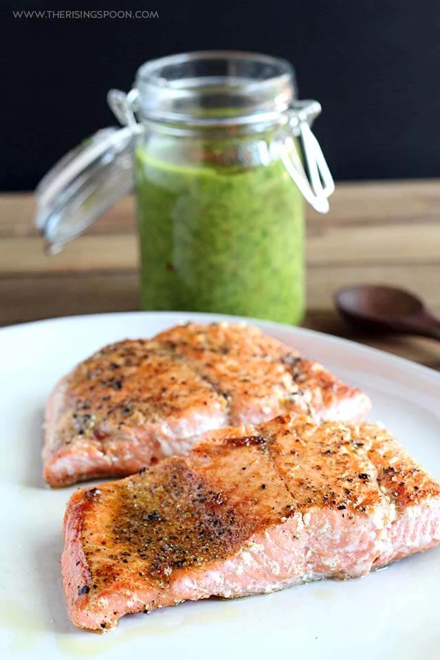 Pan-Seared Salmon Fillets with Chimichurri Sauce (Quick, Whole30 & Keto)