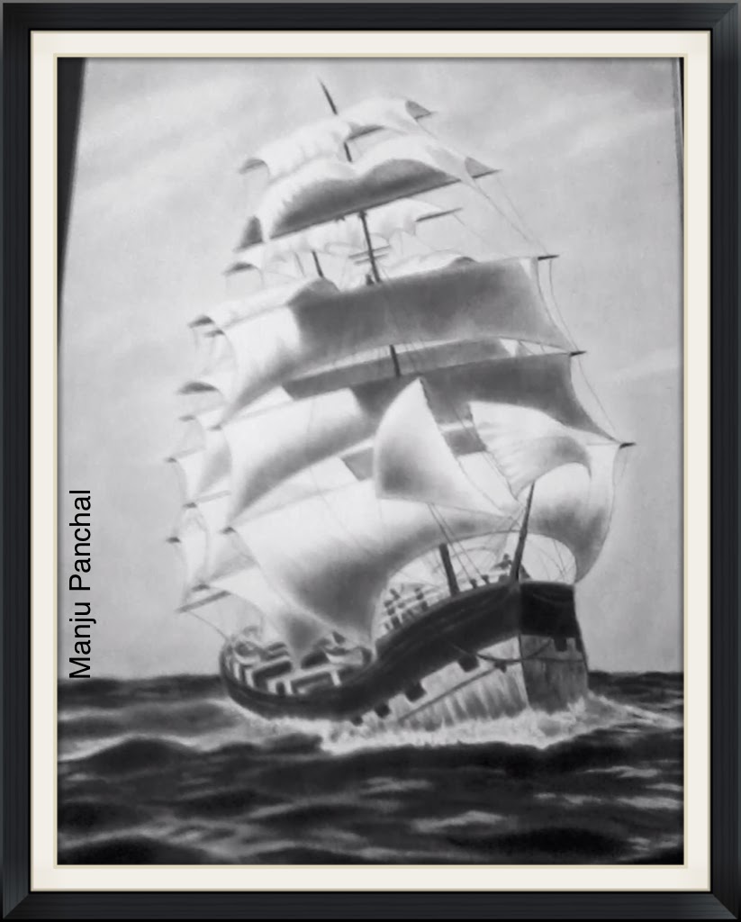 charcoal painting of sail ship in ocean by Manju Panchal