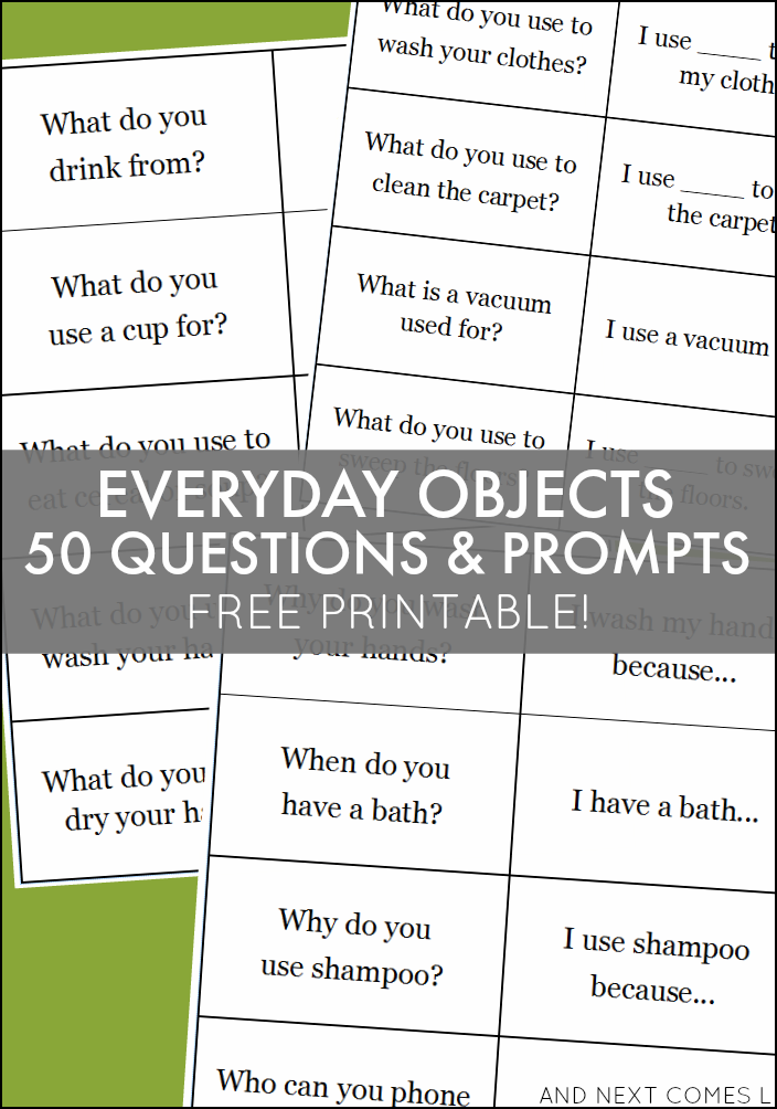 Encourage conversation and build language with this free printable set of questions and prompts about everyday objects - great for kids with autism and hyperlexia from And Next Comes L