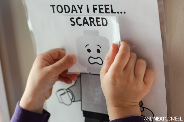 Free printable LEGO inspired visual emotions chart for kids from And Next Comes L