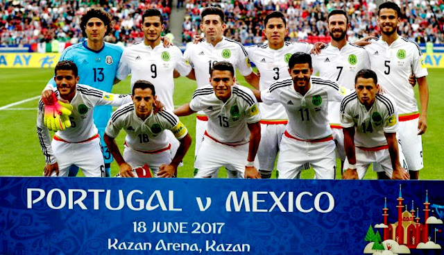 SELECCIÓN DE MÉXICO - Temporada 2016-17 - Guillermo Ochoa, Raúl Jiménez, Héctor Herrera, Carlos Salcedo, Miguel Layún, Diego Reyes; Jonathan Dos Santos, Andrés Guardado, Héctor Moreno, Carlos Vela y Chicharito Hernández - SELECCIÓN DE PORTUGAL 2 (Quaresma y Cédric) SELECCIÓN DE MÉXICO 2 (Javier Chicharito Hernández, Héctor Moreno) - 18/06/2017 - Copa Confederaciones, Grupo A - Kazán, Rusia, Kazan Arena