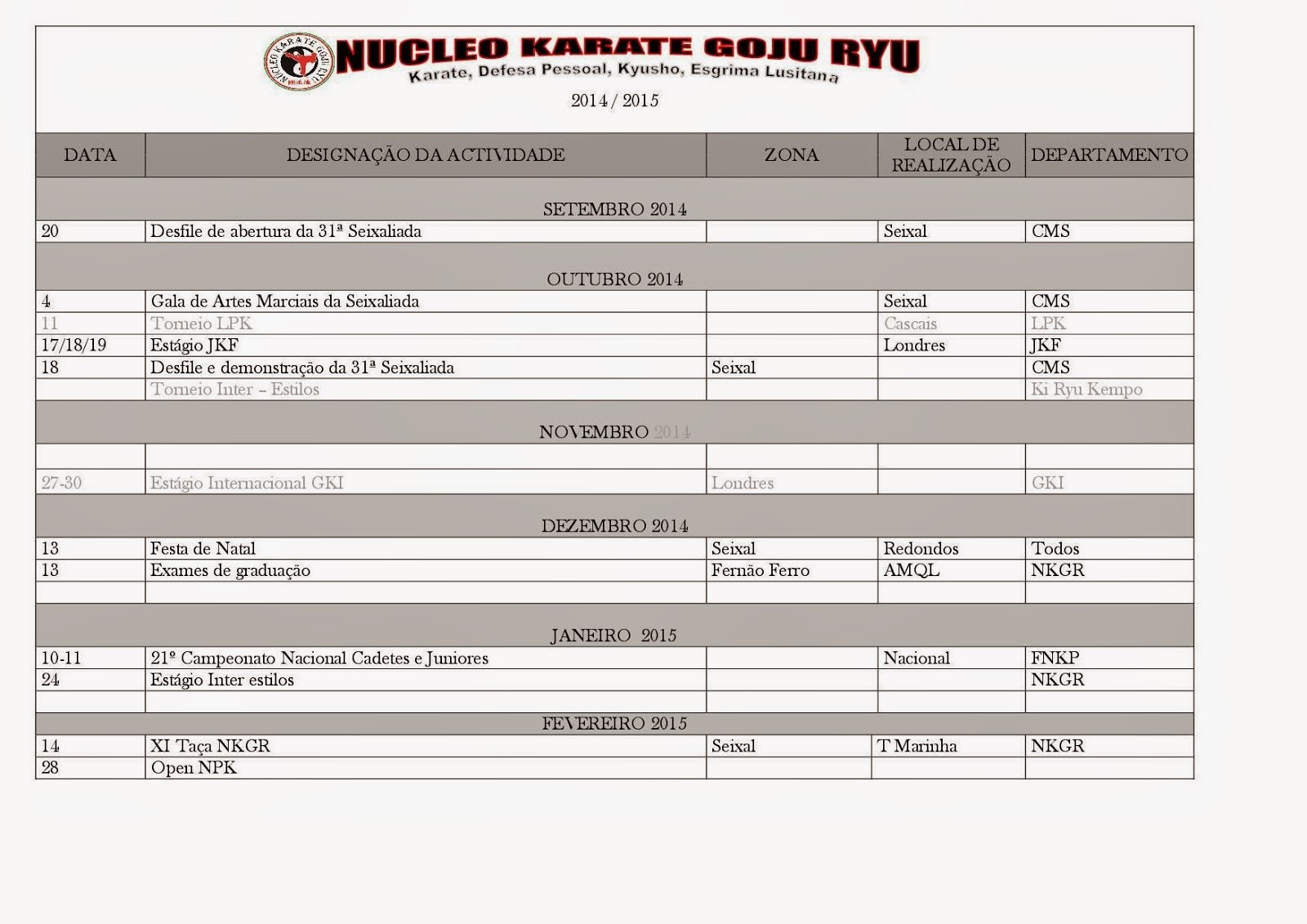 Calendario NKGR  2014 - 2015