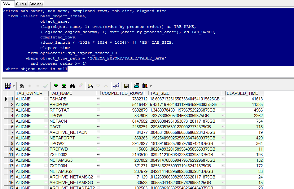 EXPDP metrics=y for tables?