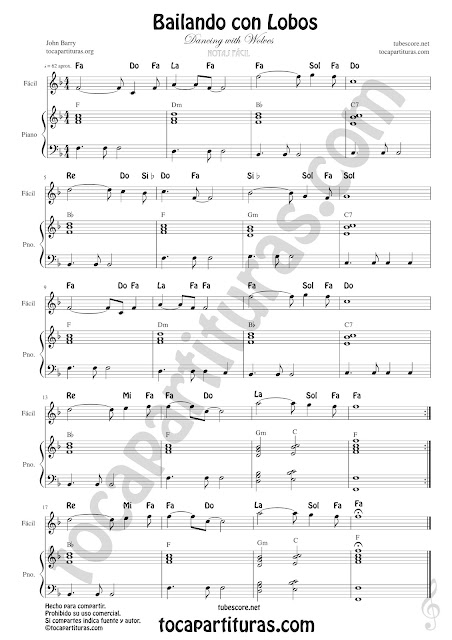  Partitura fácil con Notas de Bailando con Lobos en Clave de Sol Partitura para Flautas, Saxofón, Trompeta, Clarinete
